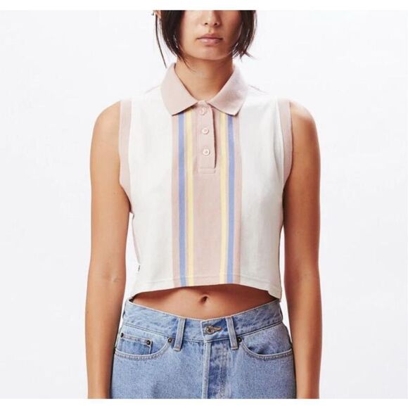 OBEY Hailey Womens Sleeveless Polo Shirt striped cropped 100% cotton size XS - Picture 1 of 8